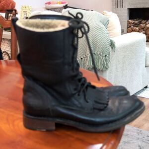 Ugg Jenna Kiltie Black Leather Shearling Lace up Combat Riding Boots Sz 7